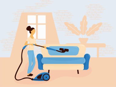 Düz bir kadın bir bitki karşı bir pencerenin duvar vakumlama olduğunu. Pastel tonlarında dikdörtgen kompozisyon. Vektör.