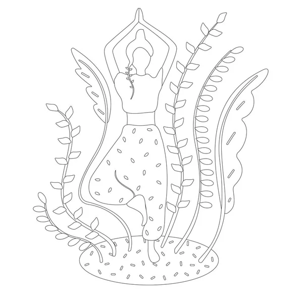 女性はヨガを行い 抽象的な植物と丸い姿を背景に木のアダナに立っています 白黒ベクトル — ストックベクタ