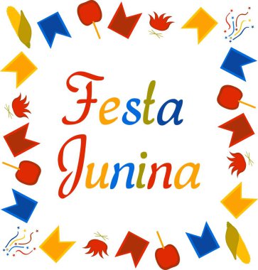 Festa Junina için kare renkli afiş. Brezilya Haziran Festivali. Metin beyaz bir arka plan üzerinde bayraklar, konfeti, mısır, karamel elma ve şenlik ateşleri ile çevrili. Vektör.