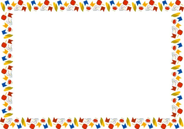 Festa Junina için şablon. Haziran ayında Brezilya festivali. Çok renkli mısır dikdörtgen çerçeve, şenlik ateşleri, bayraklar, konfeti, beyaz bir arka plan üzerinde karamel elma. Vektör.