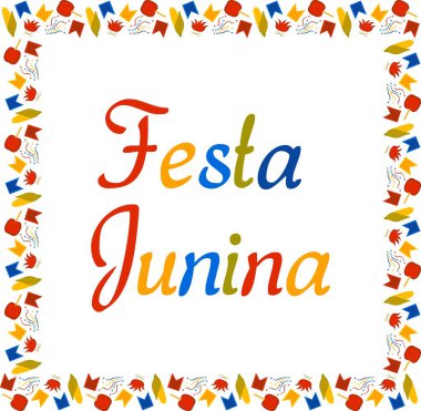 Festa Junina için kare çok renkli afiş. Haziran'da Brezilya Festivali. Küçük bayraklar, mısır, konfeti, karamel elma ve şenlik ateşleri beyaz bir arka plan üzerinde metin çevreleyen. 
