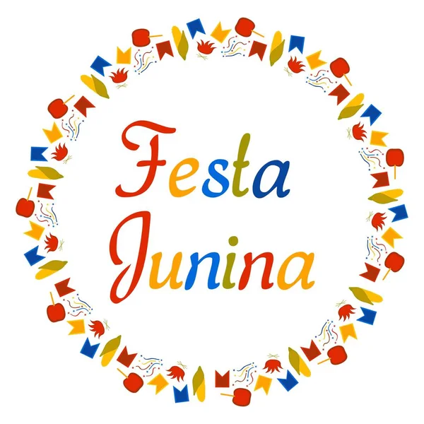 Festa Junina için yuvarlak renkli afiş. Haziran'da Brezilya Festivali. Metin küçük figürlerle çevrilidir. Bayraklar, mısır, konfeti, karamel elma ve beyaz bir arka plan üzerinde şenlik ateşleri. Vektör.