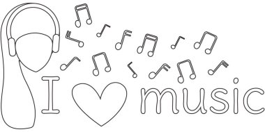 Müziğe bayılırım. Siyah beyaz bayrak. Yazıt, kulaklık lı ve müzik notalı bir kadının başı. Boy -ama. Vektör.