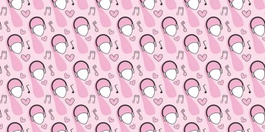 Kusursuz desen. Kulaklıklı kadın kafaları, müzik notaları, pembe arka plandaki kalpler. Vektör.