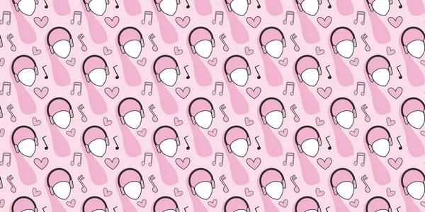 Patrón sin costuras. Cabezas de mujeres en auriculares, notas musicales, corazones sobre un fondo rosa. Vector . — Archivo Imágenes Vectoriales