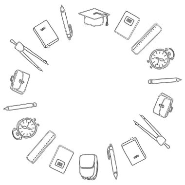 Siyah ve beyaz. 1 Eylül ve okula geri dönelim. Okul malzemelerinin yuvarlak çerçevesi. Boy -ama. Vektör.