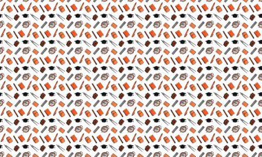 1 Eylül için okul malzemeleri sorunsuz desen. Çalar saatler, cetveller, kalemler, kalemler, bölücüler, evrak çantaları, okul çantaları, kare akademik kapaklar, defterler, beyaz arka plan üzerine ders kitapları. Vektör.