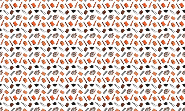 1 Eylül için okul malzemeleri sorunsuz desen. Çalar saatler, cetveller, kalemler, kalemler, bölücüler, evrak çantaları, okul çantaları, kare akademik kapaklar, defterler, beyaz arka plan üzerine ders kitapları. Vektör.