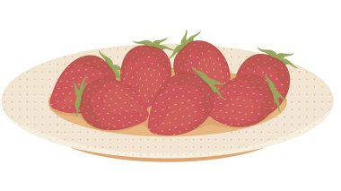 Tüm taze çilek beyaz bir arka planda bir plaka üzerinde yatıyor. Vektör.