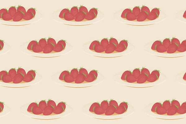 Patrón sin costuras. Platos con fresas sobre fondo beige. Vector . — Archivo Imágenes Vectoriales
