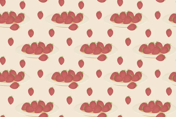 Patrón sin costuras. Platos con fresas frescas enteras y fresas al aire libre sobre un fondo beige. Vector . — Archivo Imágenes Vectoriales