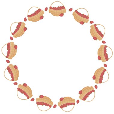 Beyaz bir arka plan üzerinde bütün taze çilek ve çilek dışında sepetyuvarlak çerçeve şablonu. Vektör.