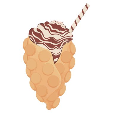 Gofret. Beyaz bir arka plan üzerinde çikolata waffle tübül ile Hong Kong waffle veya çikolata lı waffle. Gurme tatlı yiyecekler, lezzetli restoran yemekleri, atıştırmalıklar. Vektör.