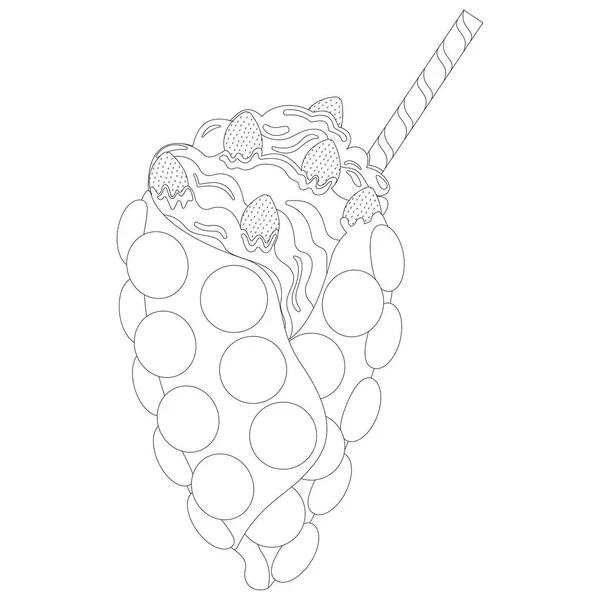 Black and white waffle. Hong Kong waffle or waffle cream with sweet ripe strawberries, cream and wafer roll on a white background. Coloring page. — Stock Vector