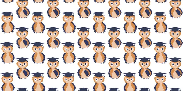 Seamless pattern of learned owls with textbooks under the wing and without in square academic caps on a white background. Back to school. September 1. Vector. — Stock Vector