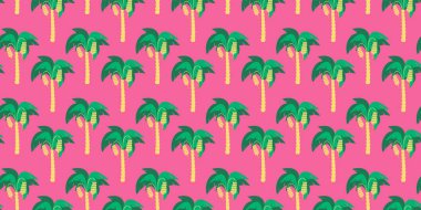Kusursuz desen. Macenta renkli bir arka plan aleyhine üzerlerinde asılı muz kümeleri ile soyut muz ağaçları. Vektör.