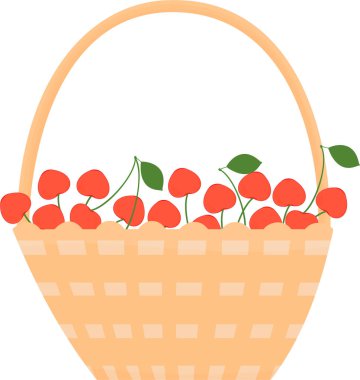 Beyaz bir arka plan üzerinde kiraz çilek ile dolu hasır ahşap sepet. Vektör.