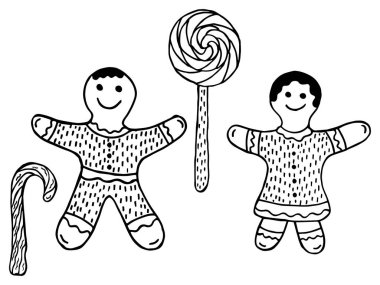 Beyaz bir arka plan üzerinde İskandinav tarzı siyah ve beyaz Noel ve Yeni Yıl tatlılar ayarlayın. Elle çizilmiş kurabiye erkekler, şeker kamışı ve lolipop. Vektör boyama.