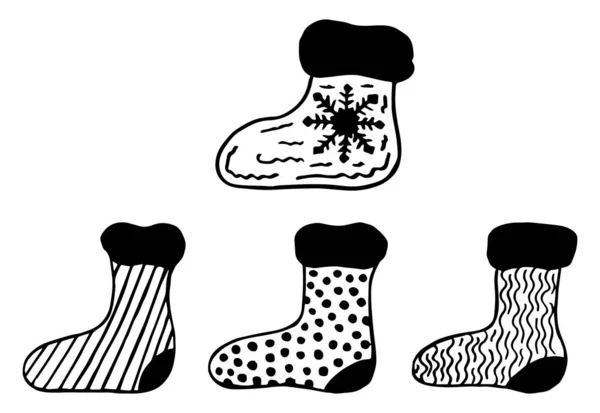 Sada Černobílých Ručně Kreslené Vánoční Ponožky Skandinávský Styl Vektorová Ilustrace — Stockový vektor