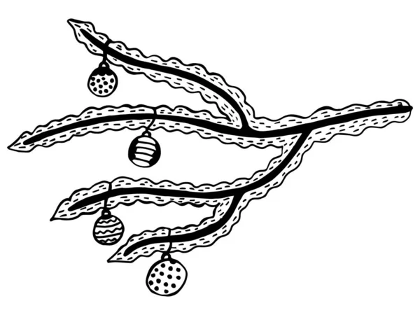 Černobílá Větev Vánočního Stromku Ozdobená Kuličkami Nakreslenými Rukou Skandinávském Stylu — Stockový vektor