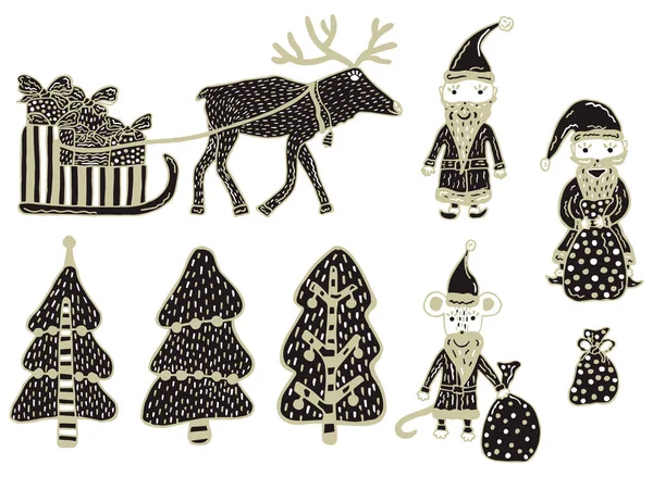 Nowy Rok Christmas Clipart Zestaw Jeleni Wykorzystany Saniach Upominkami Choinki — Wektor stockowy