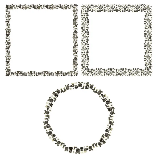 New Year and Christmas set of three square and round frames from hand-drawn doodles in Scandinavian style on a white background. A collection of golden-black decorative patterns. Vector. — Stock Vector