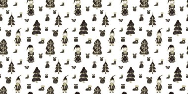 El çizilmiş Noel Babalar, ağaçlar, yaylar, çantalar ve beyaz bir arka plan üzerinde hediyeler ve çoraplar ile kutular Noel ve Yeni Yıl için Dikişsiz desen. İskandinav tarzı. Vektör.