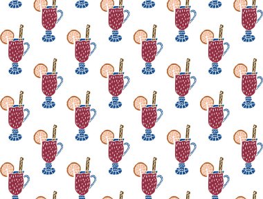 İskandinav usulü tarçın çubukları ve beyaz arka planda portakal dilimleri olan şarap kalıpları. Tekstil, ambalaj kağıdı, kumaş, tasarım vesaire için. Vektör.