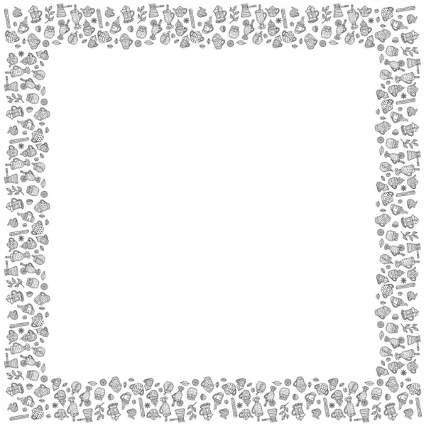 Black and white square frame of hand-drawn warming beverages and spices in Scandinavian style. Isolated template for the menu design, banners, cards,  etc. Vector.