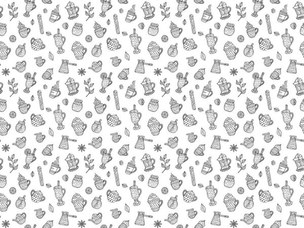 Black and white seamless pattern of hand-drawn warming beverages and spices in Scandinavian style. For the menu design, fabric, wrapping paper, wallpaper, textile etc. Vector.