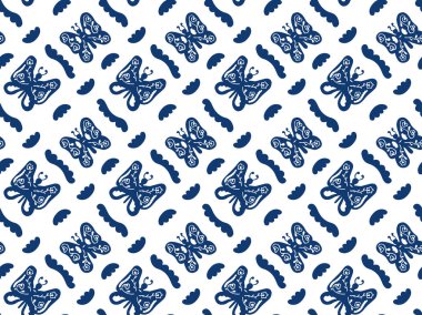 Kusursuz el yapımı soyut mavi kelebek deseni içinde desenler ve beyaz arka planda dalgalı şekiller var. Kumaş, duvar kağıdı, tekstil, ambalaj kağıdı vs. için şık bir dekor. Vektör.