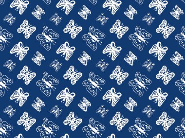 Soyut beyaz kelebeklerde kusursuz desenler ve mavi arka planda desenler. El yapımı dekor. Vektör.