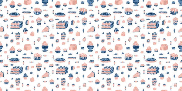 Nahtloses Muster aus rosa-blauen Süßigkeiten, Desserts, Eis, Kuchen und Donuts im skandinavischen Stil auf weißem Hintergrund. für Menügestaltung, Geschenkpapier, Textilien, Stoff usw. Vektor. — Stockvektor