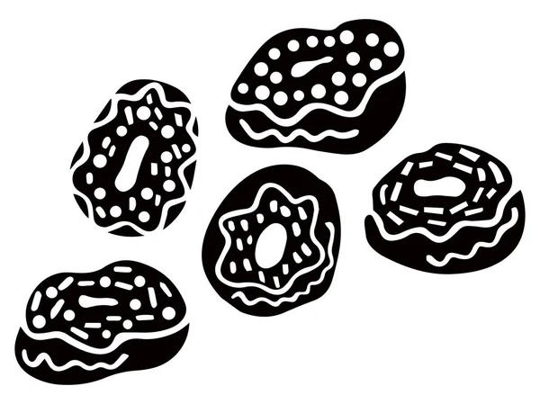 Set de cinco rosquillas negras en esmalte, dibujadas a mano sobre fondo blanco. Vector . — Vector de stock