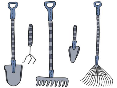 El yapımı bahçe aletleri. Beyaz arka planda tırmık, kürek, dirgen ve mala koleksiyonu. İzole edilmiş klipsleme. Vektör.
