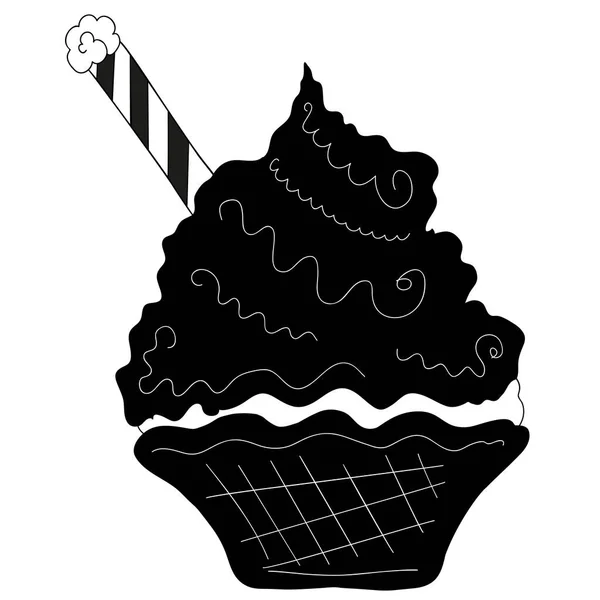 Black White Soft Ice Cream Waffle Basket Crispy Straw Isolated — Stock Vector