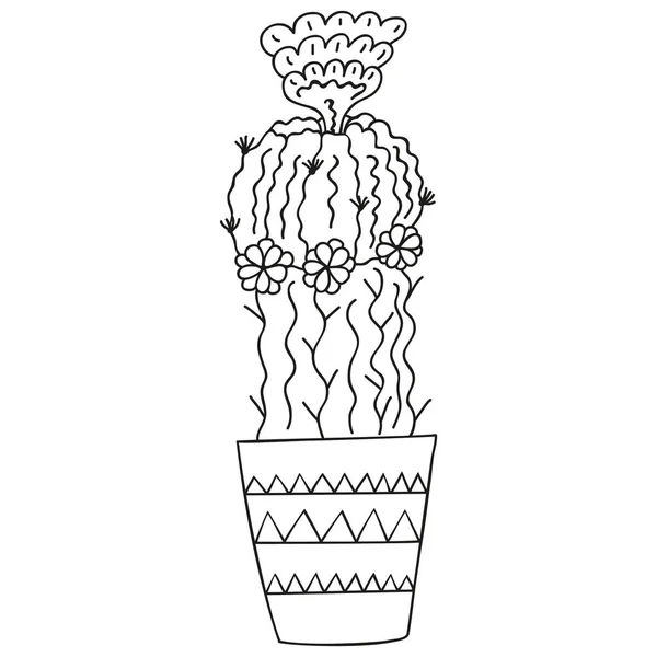 黑色和白色的花型花 有两层的仙人掌 有不同的刺和花在花盆里 斯堪的纳维亚风格 涂鸦的标志和打印 — 图库矢量图片