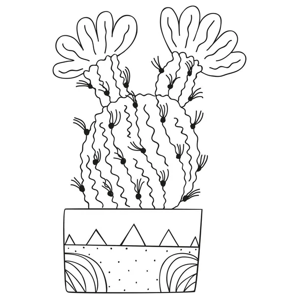 長方形の鉢に黒と白の花を咲かせます 着色本のための隔離された北アメリカのサボテン ベクトルドア — ストックベクタ