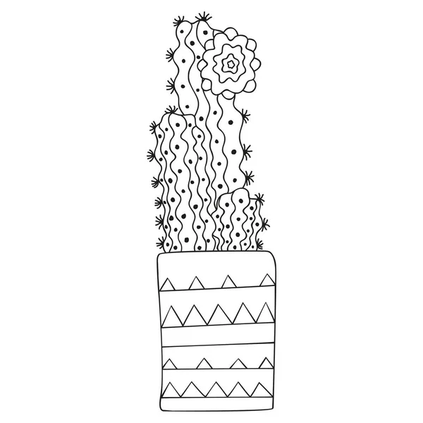 長方形の鍋に花と黒と白の様式化されたPilosocereus スキャンディナヴィア風のサボテン3枚 着色ページのための隔離された熱帯植物 ベクトル — ストックベクタ