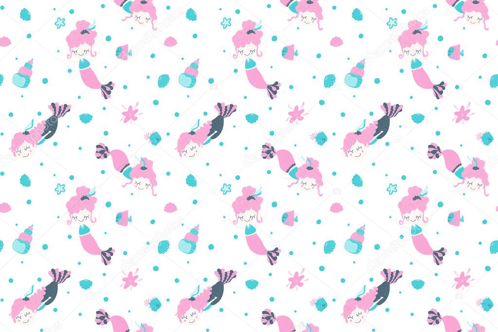 Cute seamless pattern of amazing lovely girls mermaids with bubbles, seashells, fishes and starfish. Cartoon magical underwater world on a white background. Design for nursary, toddler clothes. Vector