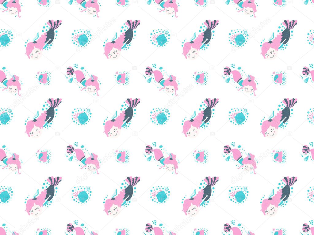 Seamless pattern of cute funny girls mermaids swimming under water with shells and fish bubbles. Vector cartoon endless texture on a white background. For the design of products for babies, toddlers.