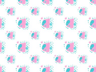 Çizgi film Zebrasoma balığının kusursuz deseni. Beyaz bir arka planda yanakları, gülümsemeleri ve kabarcıkları var. Bebek kıyafetleri, tekstil, bakım evi duvar kâğıdı, bebek partisi, kırtasiye malzemesi. Vektör.