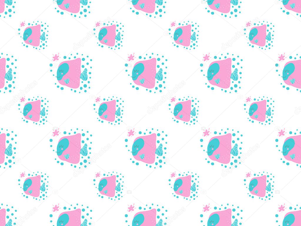 Seamless pattern of cartoon Zebrasoma fishes with ruddy cheeks and smiles and bubbles on a white background. For printing on baby clothes, textiles, nursary wallpaper, baby shower, stationery. Vector.