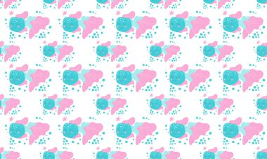 Beyaz arka planda deniz yıldızları ve baloncuklarla sevimli, neşeli, kızaran balıkların kusursuz deseni. Bebek ürünleri, kreş, giysi, kumaş, İskandinav tarzında duvar kağıdı için tasarım. Vektör.