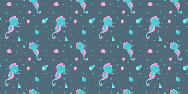 Childish Stylish Seamless Pattern Cute Smiling Seahorses Starfish Shells Bubbles — Stock Vector