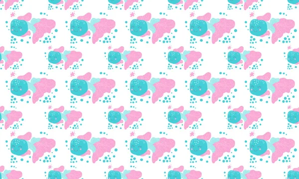 Seamless Pattern Cute Cheerful Blushing Fish Starfishes Bubbles White Background — Stock Vector