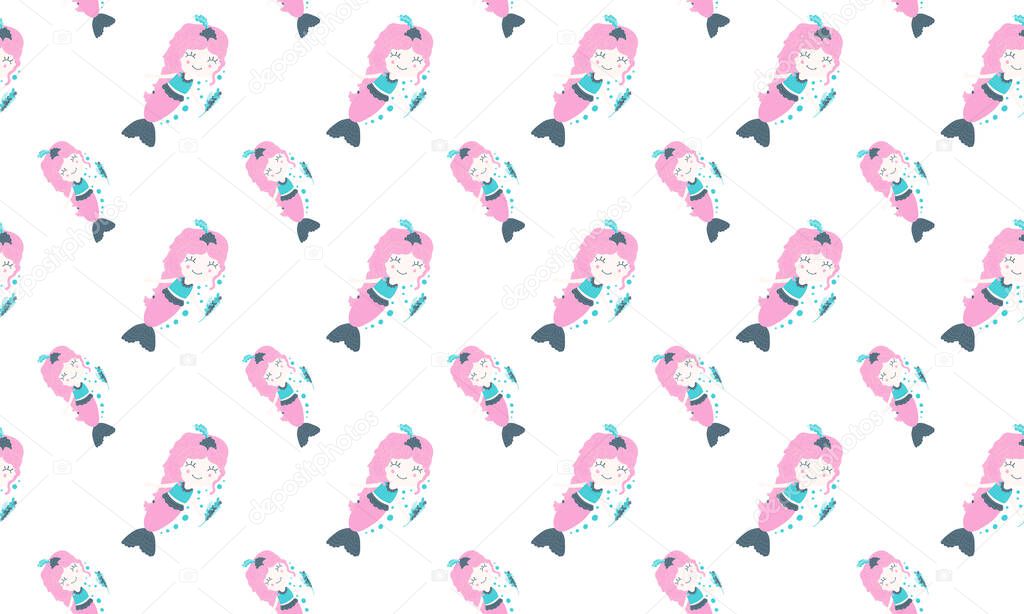 Children's seamless pattern of cartoon beautiful little cheerful girls mermaids with pink hair combed in pigtails, holding bouquets of seaweed and bubbles on a white background. Digital paper. Vector.