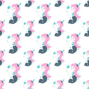 Pembe saçlı, yıldızları yakalayan ve beyaz arka planda kabarcıklar oluşturan büyülü, güzel denizkızı desenleri. Dijital kağıt, bebek partisi, duvar kağıdı için. Vektör.