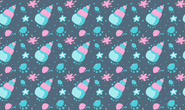 İskandinav tarzında, deniz kabukları, baloncuklar ve deniz yıldızlarının karikatürsüz desenleri. Çocuksu, çocuksu bir dijital kağıt ve duvar kağıdı. Vektör.