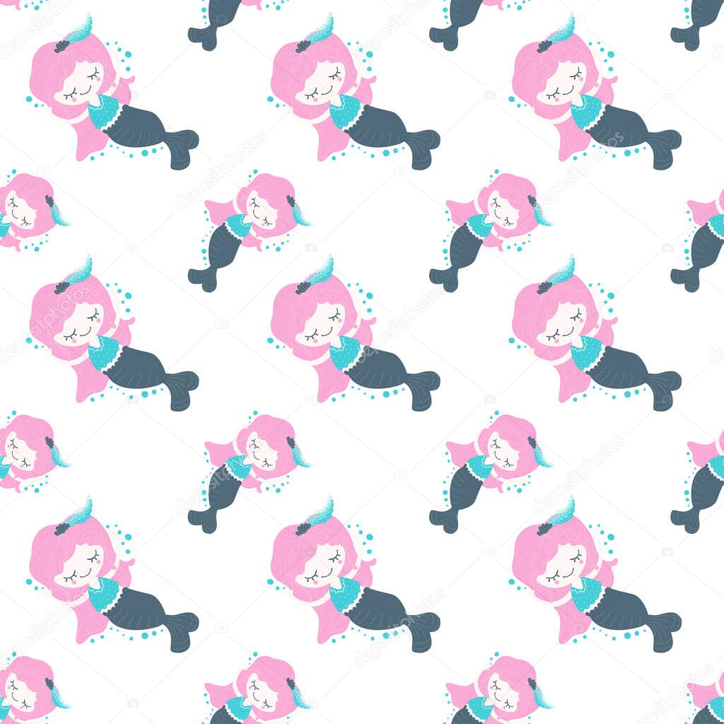 Seamless pattern of dreamy little mermaids floating with arms raised up and bubbles on a white background. Digital paper. Vector.